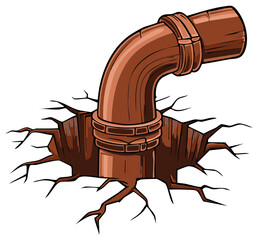 Cartoon illustration of a water pipe exiting through a cracked ground