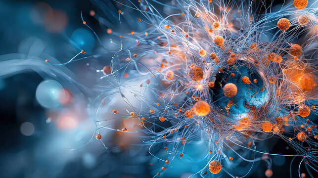 Vibrant depiction of microscopic view of cells and viruses, showcasing intricate details and vivid colors