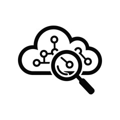 Cloud Data Analysis Icon: This monochrome illustration depicts a magnifying glass examining a cloud, accompanied by a network.