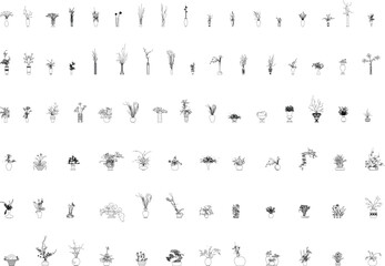 A collection of various potted plants elevations in a detailed black-and-white vector illustration, suitable for architectural, interior, and landscape design projects.