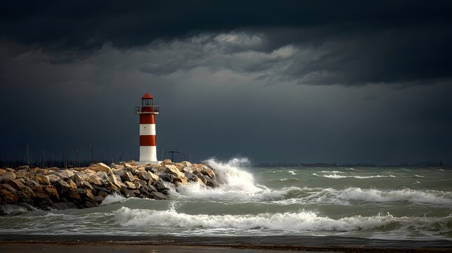 A dramatic seascape featuring a red and white lighthouse standing strong against a stormy ocean under a dark sky. - Powered by Adobe