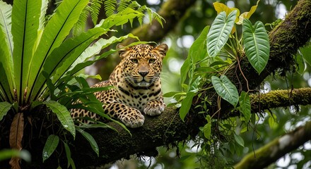 Jungle Perch: A Leopard Resting on a Mossy Tree Branch