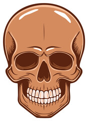 Fototapeta premium Stylized skull with brown tones, illustration of skeletal head with teeth and eye sockets, cartoon design for Halloween