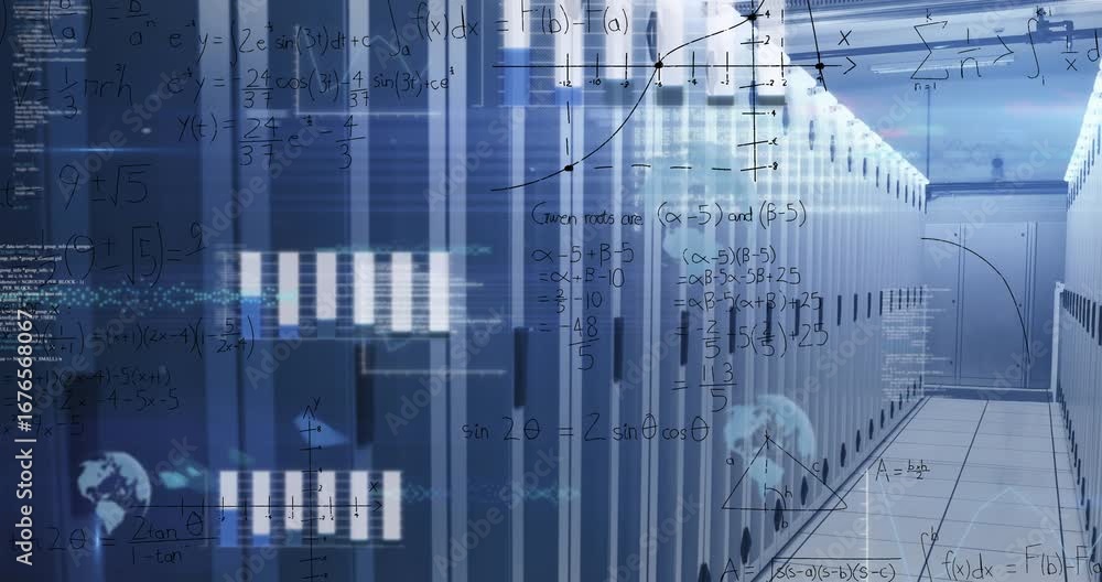 Poster animation of mathematical equations and data processing against empty computer server room