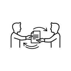 Document Exchange Icon: A simple yet effective illustration depicts the dynamic flow of information, showing two figures engaged in the seamless transfer of a document.