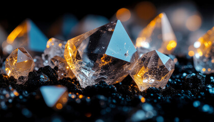 Clear Quartz Sand Grain on Black Surface for Mineral Clarity and Natural Purity Art...................................................................