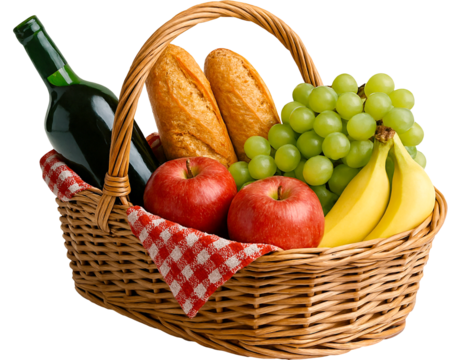 Wicker picnic basket on white background, filled with fresh fruit, bread, and wine warm and classic vibe.