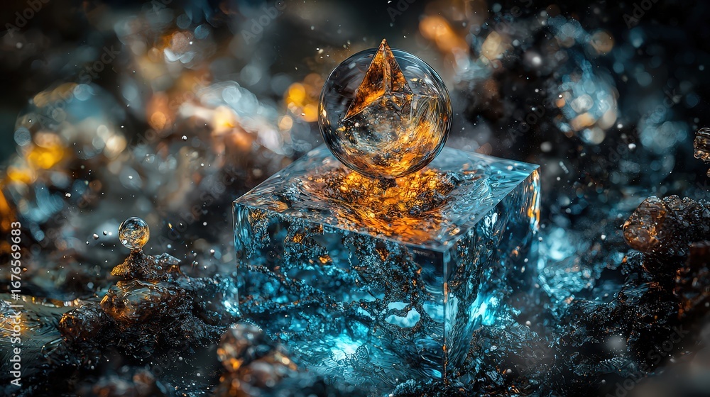 Poster dynamic crystal sphere on fiery ice block abstract scene digital art surreal environment close-up ca