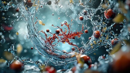 Dynamic water splash with floating fruits studio setting high-speed photography vibrant environment aesthetic concept