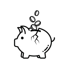 Broken Piggy Bank and Coins: A simple, line-drawn depiction of a piggy bank, with a cracked side as coins fall into the opening, it is a visual metaphor of saving or losing money.