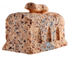 Rough textured terracotta building sculpture with arched windows isolated on transparent background