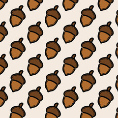 A vector seamless pattern featuring acorns on a neutral background, ideal for autumn designs, crafts, and decor projects. Perfect for celebrating the natural beauty of the fall season.