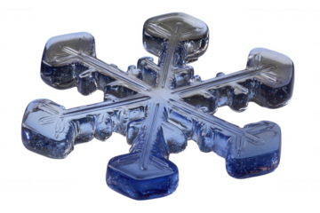 Detailed macro view of a blue snowflake crystal isolated on transparent background