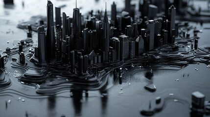 Monochrome model city on layered platform glossy with varying skyscraper heights