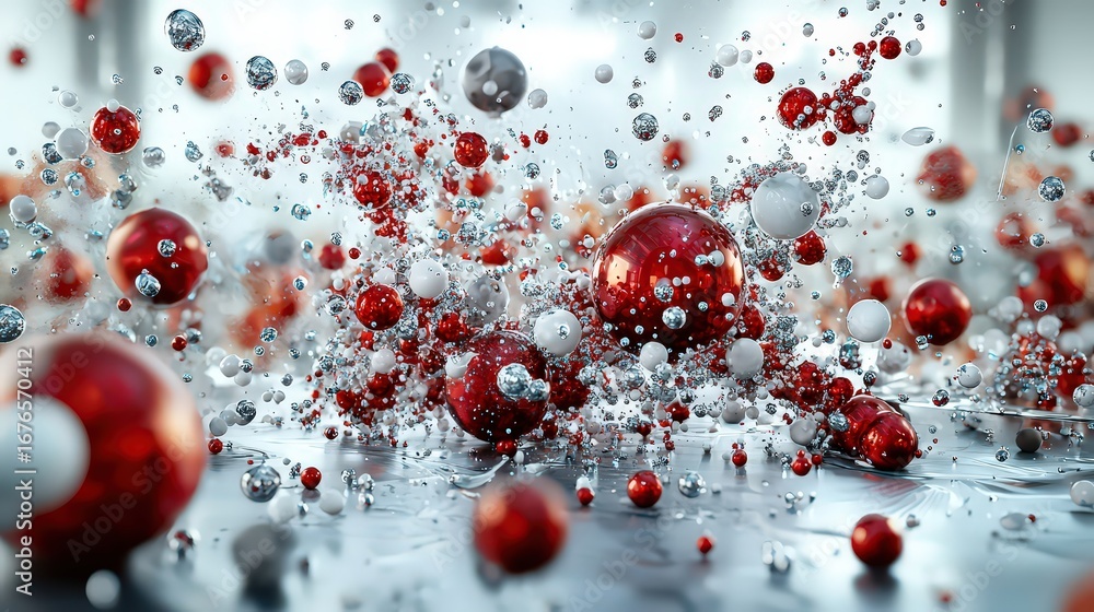 Poster dynamic red and silver sphere explosion abstract setting digital art vibrant colors close-up perspec