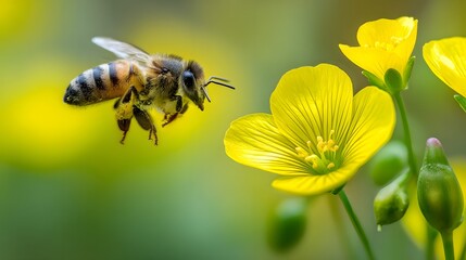 A honeybee hovers near vibrant yellow flowers, showcasing delicate detail and a natural beauty.