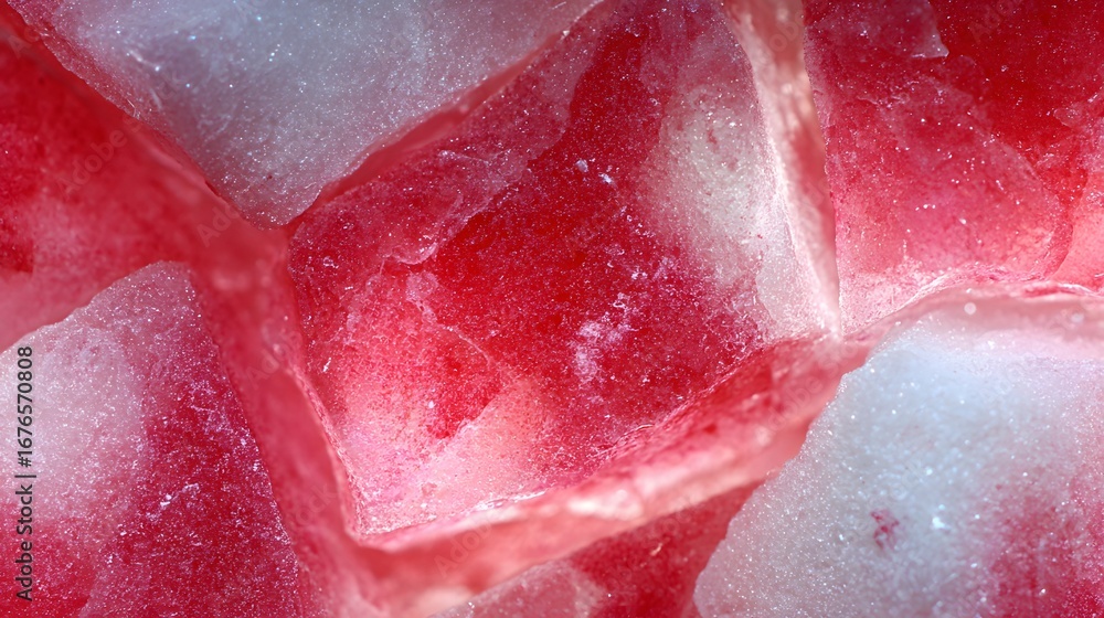 Poster close-up view of vibrant red and white ice cubes, showcasing intricate textures and patterns.