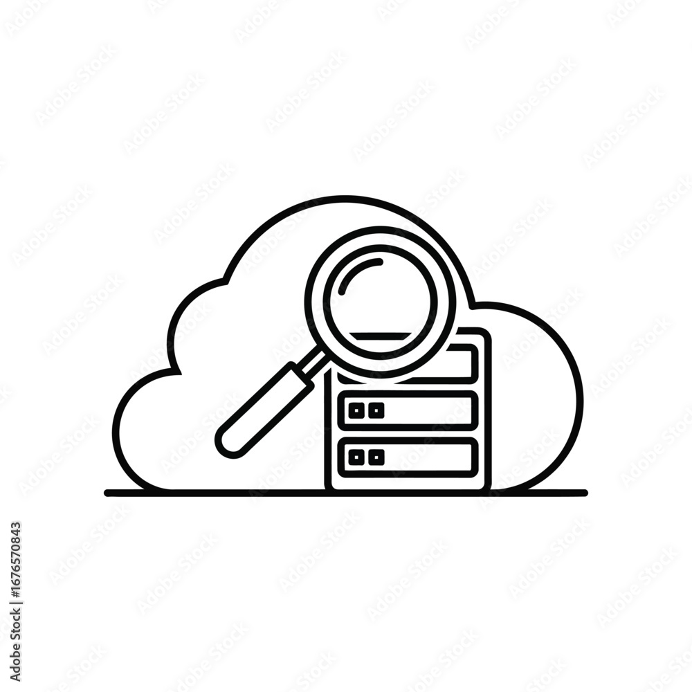 Poster cloud data inspection: a digital illustration depicts a cloud, servers, and a magnifying glass, symb