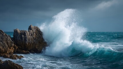 Crashing Wave Splashes Against Rocks on a Dramatic Overcast Day