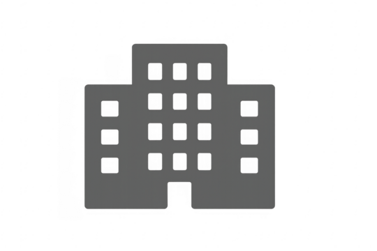 Gray building icon with transparent background representing urban landscape