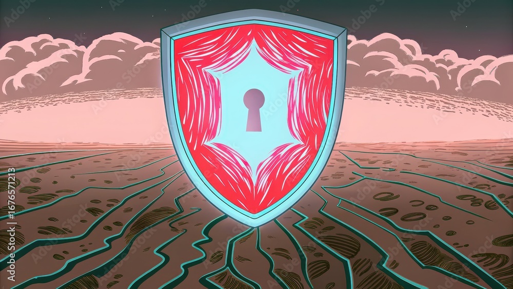 Poster machine learning for cybersecurity a stylized shield with a keyhole design against a surreal landsca