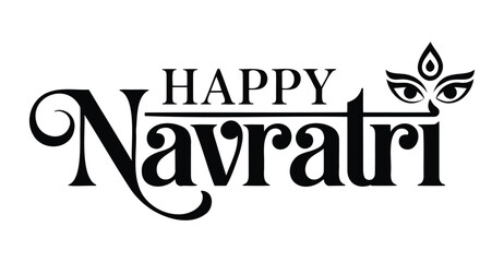 Stylized “Happy Navratri” text with decorative font and divine eye-flame symbol, celebrating Hindu festival with spiritual and festive elements