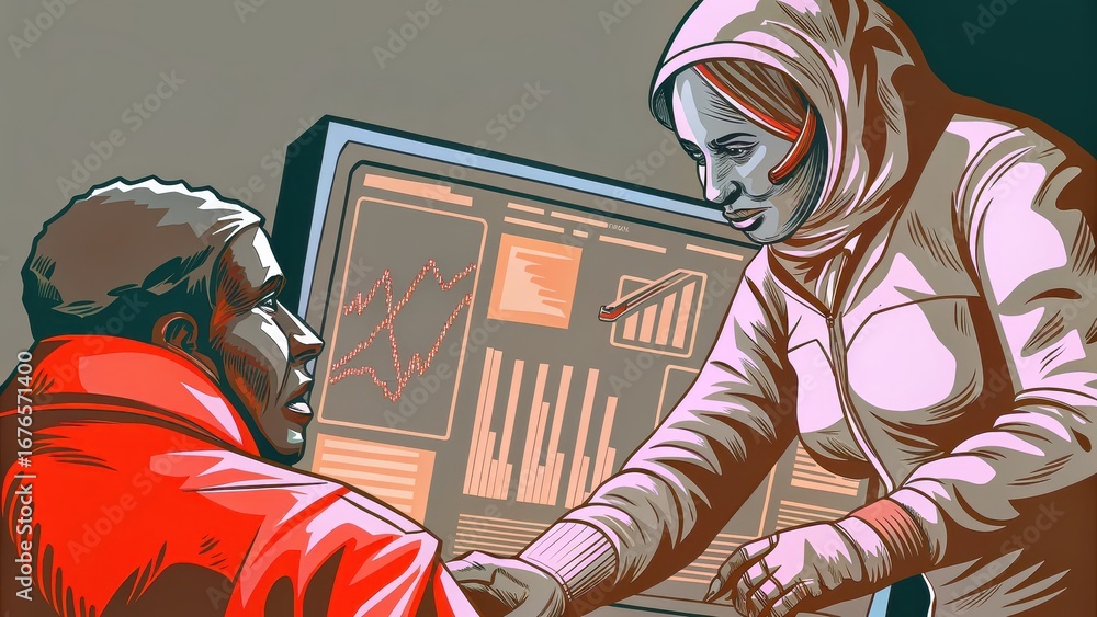 Poster machine learning for cybersecurity two figures interacting with digital data in a stylized graphic i