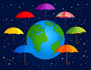 Fototapeta premium Colorful umbrellas surround Earth in space