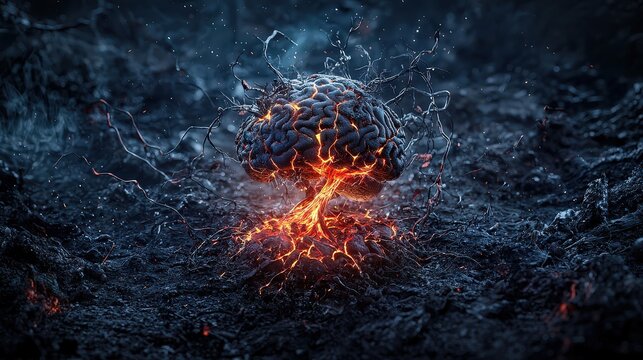 Explosive brain eruption surreal landscape digital art dark environment close-up view conceptual imagery for creative impact