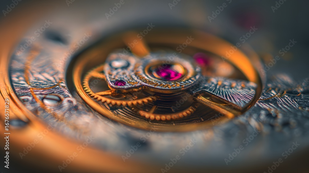 Poster close-up view of intricate watch movement gears and components, showcasing detailed artistry and pre