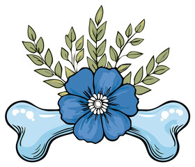 Floral arrangement with blue flower, bone, and green foliage.