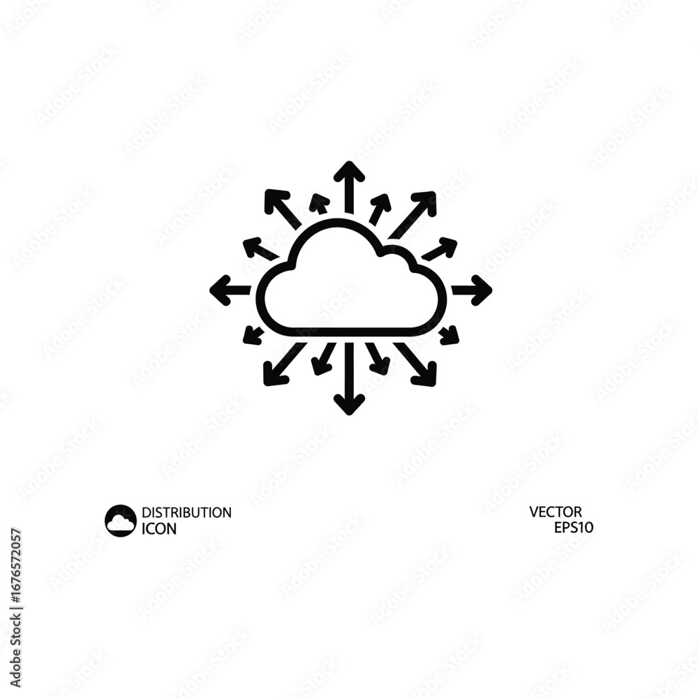 Poster cloud distribution icon: conceptual illustration of a cloud symbol with arrows, symbolizing data dis