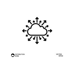 Cloud Distribution Icon: Conceptual illustration of a cloud symbol with arrows, symbolizing data distribution, cloud computing, and network connections in a clean, modern design.