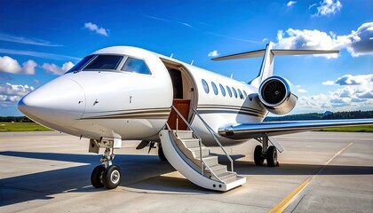 White private jet on tarmac, door open, stairs deployed, sunny day