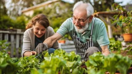 Fototapeta premium Elderly man and woman gardening together in backyard, vibrant green plants, warm morning sunlight, authentic lifestyle photography, natural smiles, DSLR photo, ultra sharp, commercial stock style.
