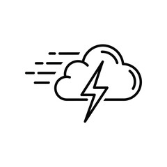 Stormy Weather Icon: A minimalist black line icon of a cumulonimbus cloud, with a lightning bolt piercing through it, conveying the raw power of a storm with dynamic movement.
