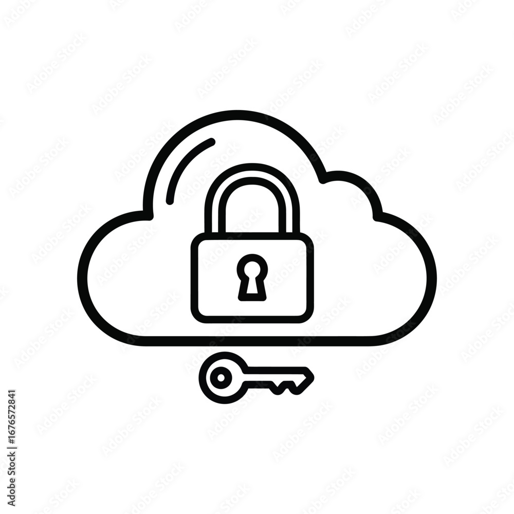 Poster cloud security icon: an illustrative depiction of a secure cloud environment, symbolized by a padloc