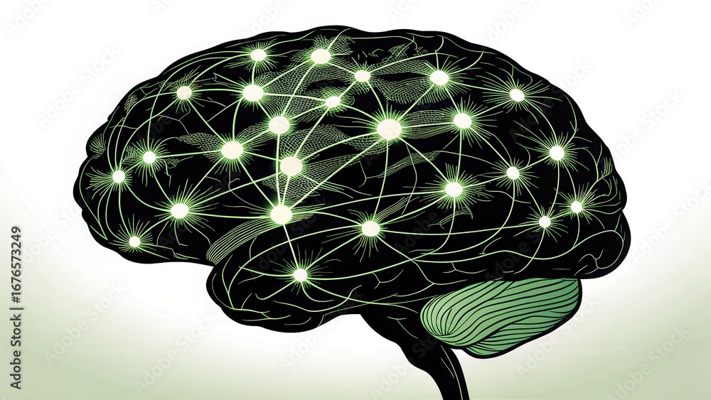 Aufkleber machine learning in healthcare illustration of a brain with interconnected nodes, symbolizing neural