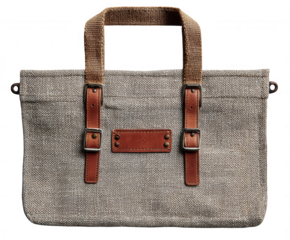 Stylish canvas and leather tote bag with buckle details isolated on transparent background