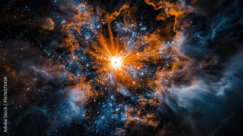 Poster explosive cosmic event outer space digital art nebula environment wide-angle viewpoint galactic conc