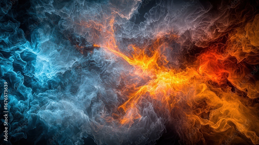 Poster dynamic fusion of fire and ice abstract art of colorful smoke in dark background conceptual design v
