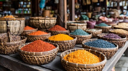 Fototapeta premium Colorful spices displayed in woven baskets fill a vibrant market stall.