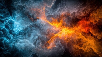 Dynamic fusion of fire and ice abstract art of colorful smoke in dark background conceptual design visual aesthetics