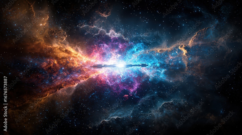 Poster exploring abstract realms of space a cosmic dance of colors and light in the vastness of the univers