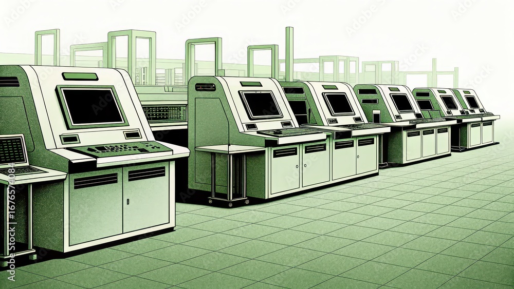 Poster machine learning in healthcare rows of electronic kiosks in a modern, minimalistic setting with a gr
