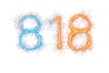 Sparkler numbers 818 in blue and orange isolated on transparent background