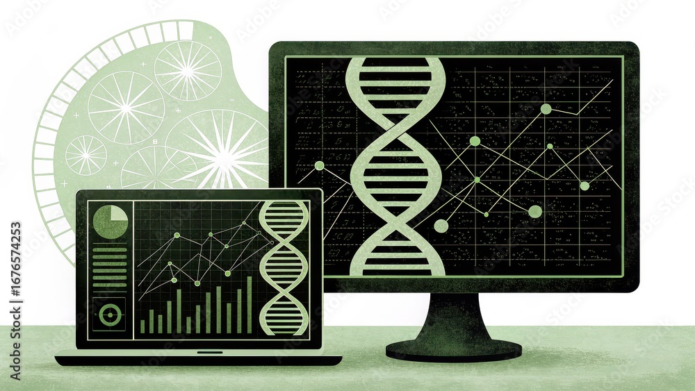 Poster machine learning in healthcare digital illustration of dna strands and data analysis on screens, rep