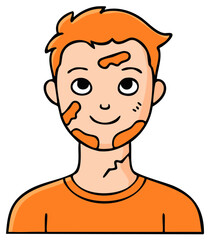 Obraz premium Cartoon illustration of a young man with orange patches on his face and neck, wearing an orange shirt.