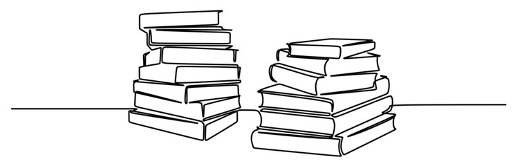 A continuous, unbroken line art of a stack of random books. This icon is for a sticker or banner in a library. Vector illustration