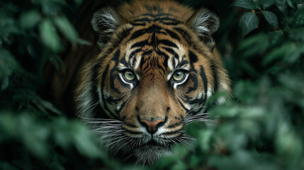 Fototapeta premium A tiger peers intensely through dense jungle foliage, its piercing green eyes and striking stripes creating a powerful and captivating presence.